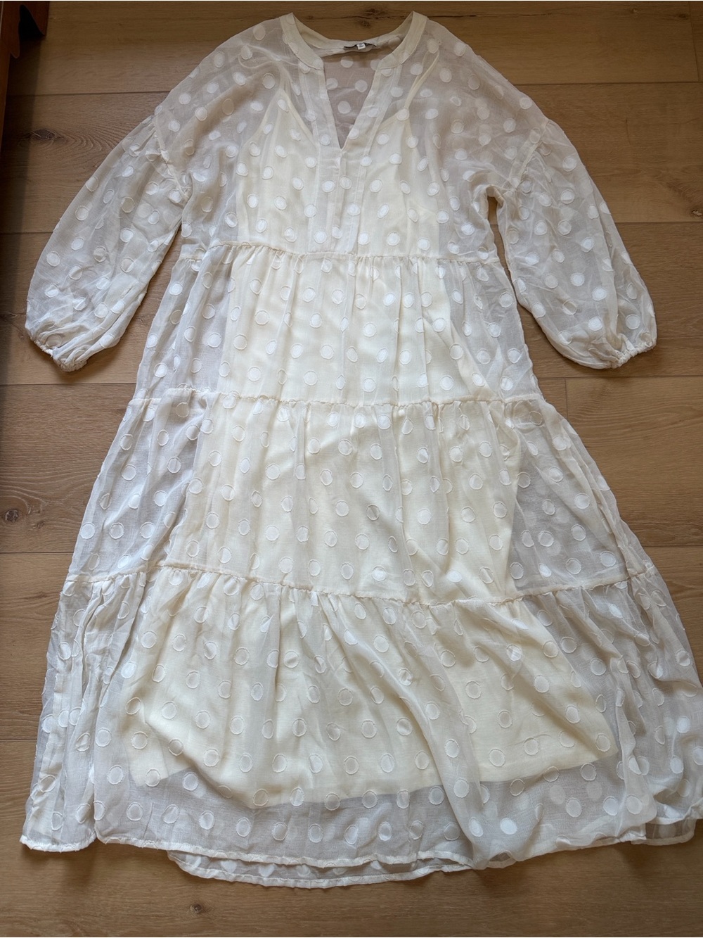 Moon River / Anthropologie Ivory Sheer Polka Dot Midi Dress